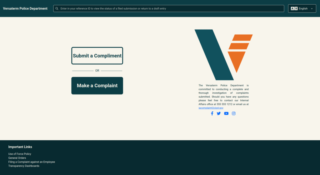 A screenshot of Versaterm Public Portal's Landing Page