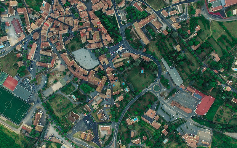 Aerial view of a suburban town.